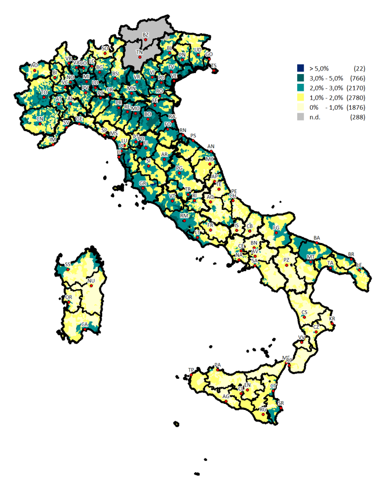 mappa d'Italia con riportati i dati dell’intensità del mercato immobiliare misurata con l’Imi