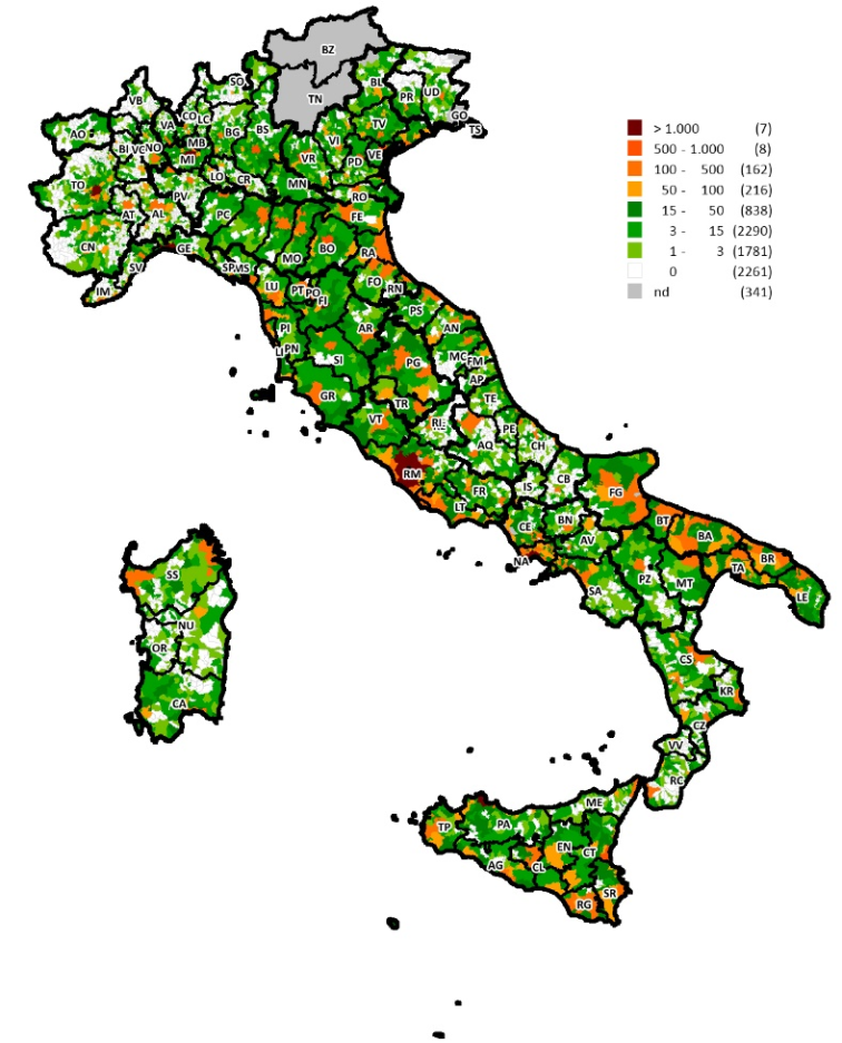 Mappa distribuzione numero di negozi oggetto di nuova locazione nel 2022 nei comuni italiani