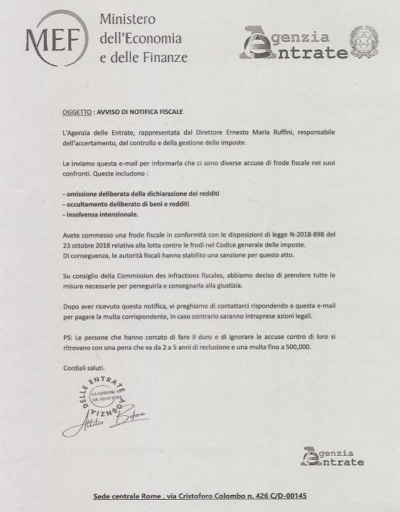 Segnalate false e-mail: si spacciano per “avvisi di notifica fiscale”